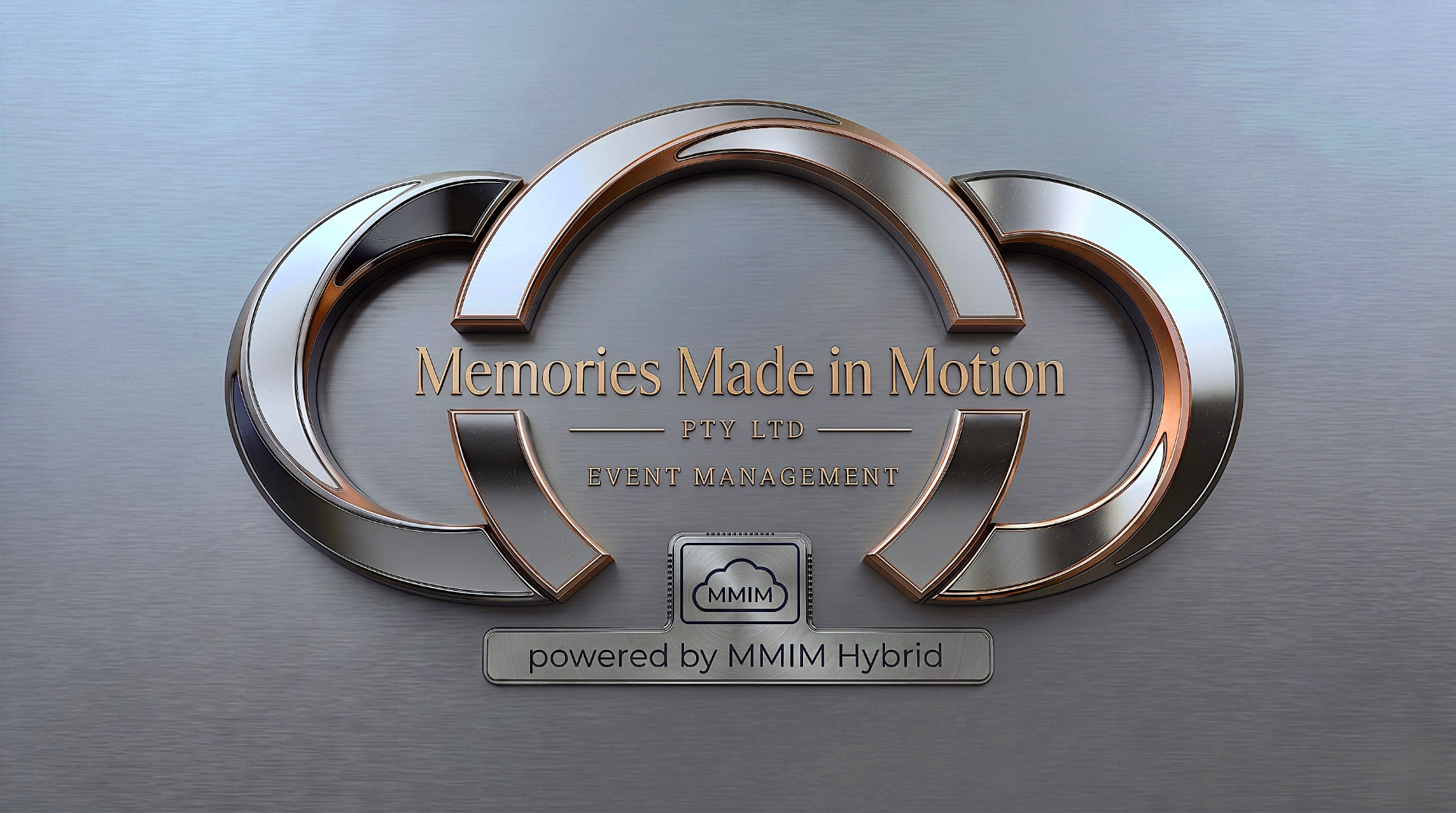 Memories Made in Motion brand plate on brushed metal: interlocking chrome and rose-gold arcs above the company wordmark