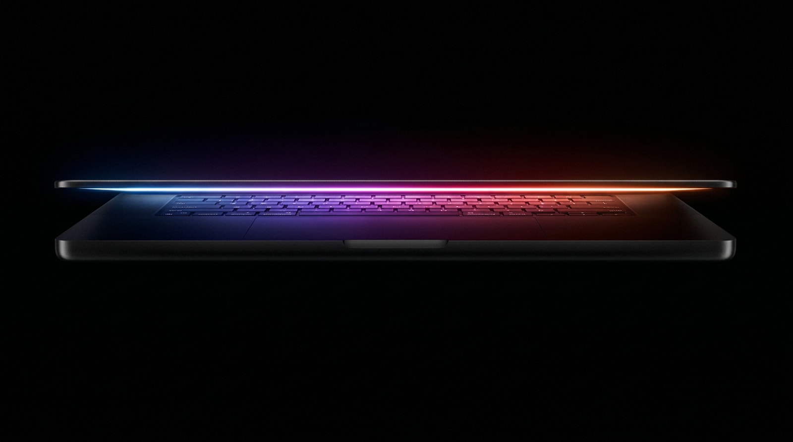Laptop suspended in darkness with a vibrant blue-to-red neon light strip illuminating its edge