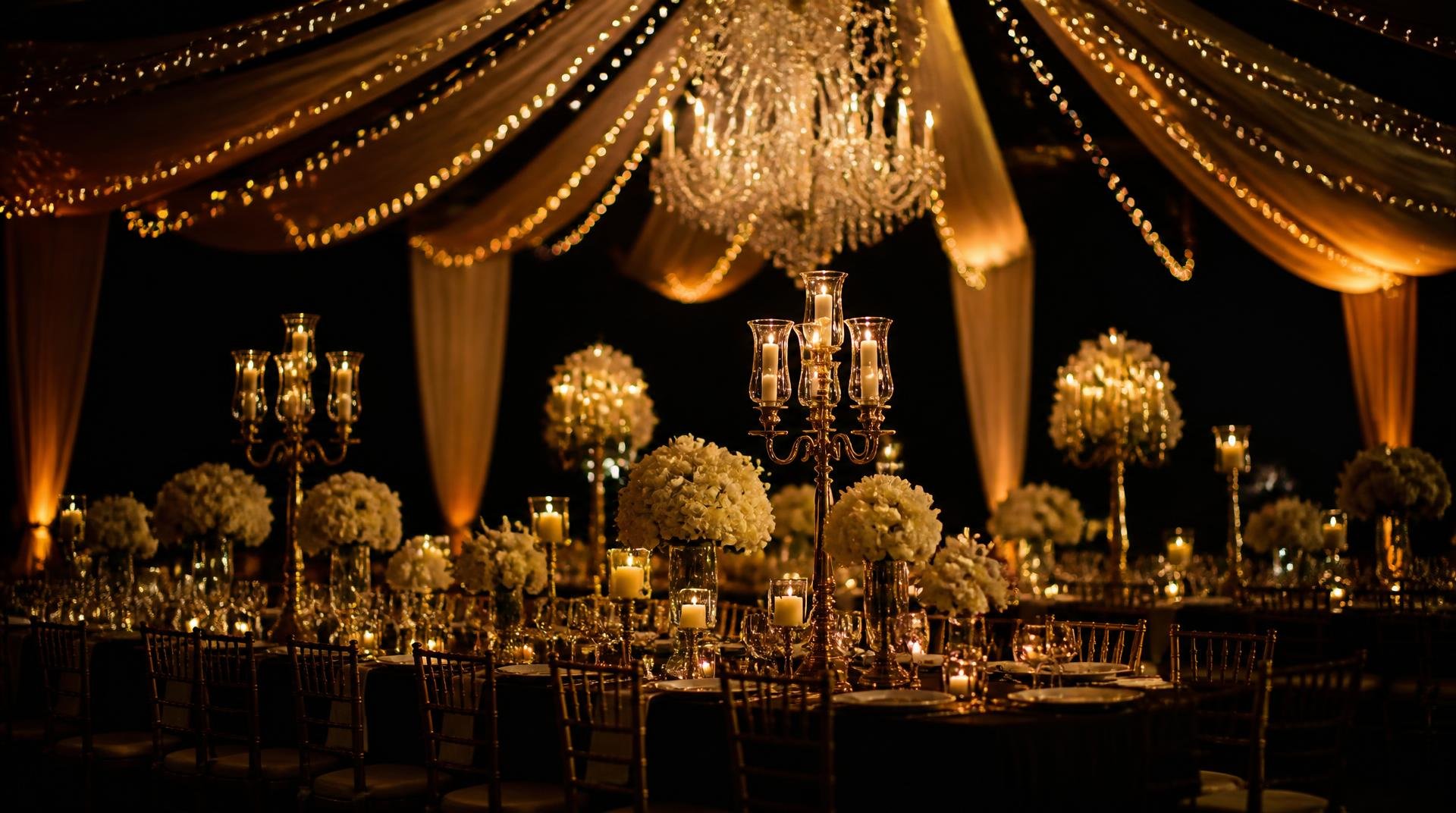 Luxury wedding reception with dramatic lighting design, draped décor and elegant table settings, produced by Memories Made in Motion